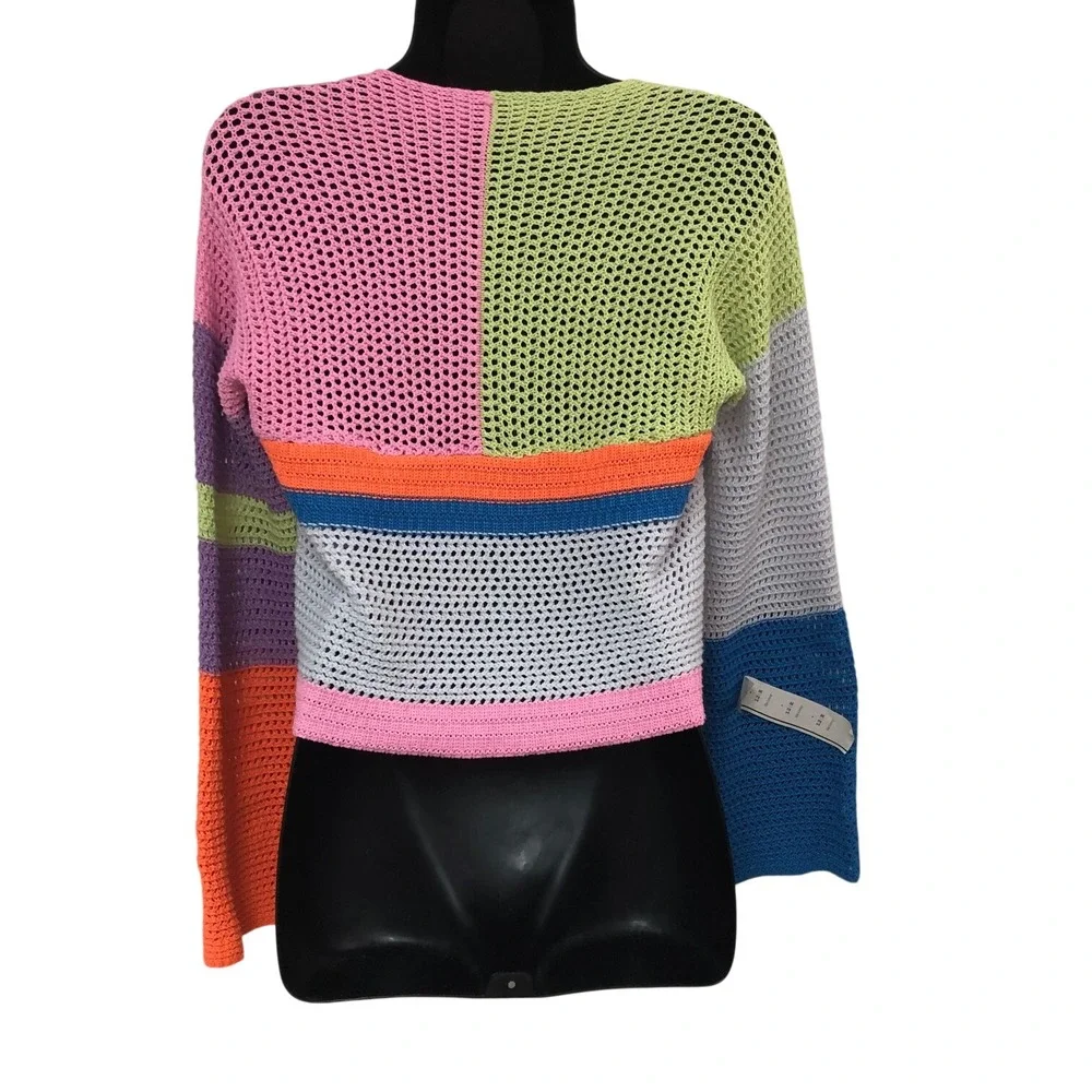 NWOT Crochet Open Knit Striped Crop Top Rainbow Boho Festival Flare Slv Women 12